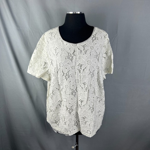 Alfred Dunner Tops - Alfred Dunner Blouse Top Womens 24W White Floral Lace Daisy Crochet Round Neck